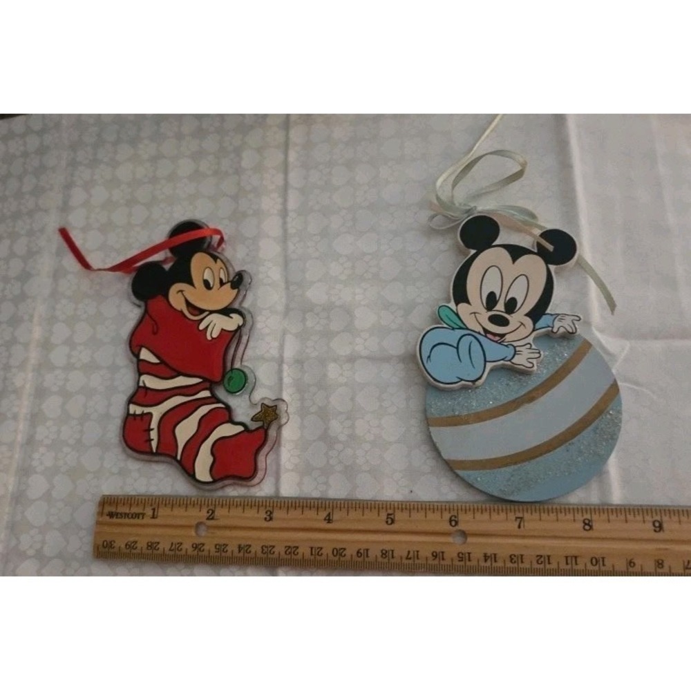 2 Vtg Disney Mickey Mouse Flat Ornaments Plastic‎ & Wood Shipped in Disney Tin